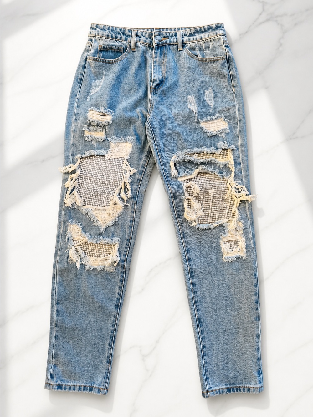 Fashion Nova Light Blue Distressed Women's Ripped Jeans with Rhinstone Inlay